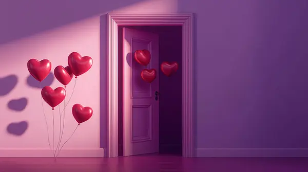 Minimalist pembe bir oda. İçinde kalp balonları olan açık bir kapı var. 