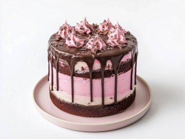 Çikolata ve pembe kremalı beyaz bir tabakta pembe pasta.
