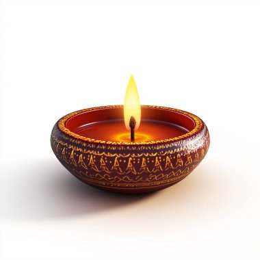 Beyaz arka planda izole edilmiş beyaz bir kasedeki Hint diwali lambası.