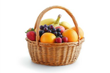 Hasır sepette farklı meyveler, beyaz arkaplan