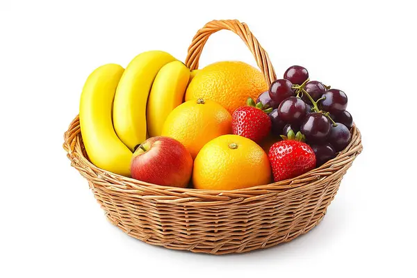 Beyaz zemin üzerinde farklı olgun meyveler bulunan hasır tepsi