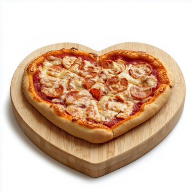 pizza on a plate with hearts on a wooden background