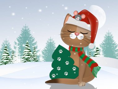 illustration of cat at Christmas with tree