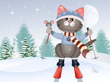 illustration of skier cat in winter
