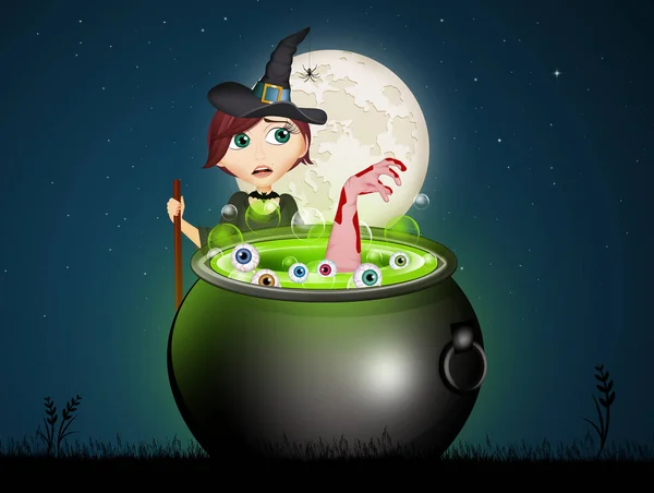 Witch Cooks Soup Cauldron — Stock Photo, Image