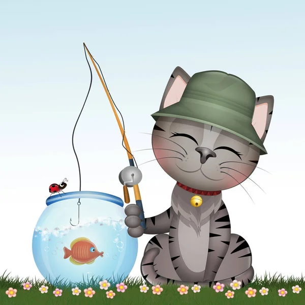Balıkçı Kedi Yavrusunun Komik Bir Çizimi — Stok fotoğraf