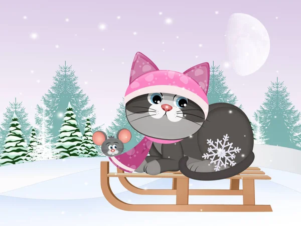 Illustration Cat Winter Sled — Stock Photo, Image