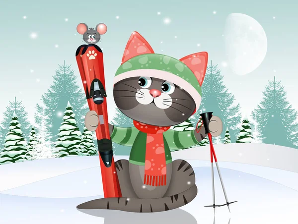 Illustration Skier Cat Winter — Stockfoto