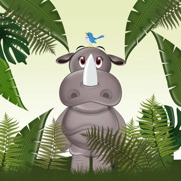 Ilustracja Zabawnego Nosorożca Dżungli — Zdjęcie stockowe