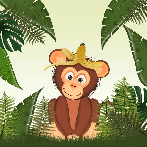 ジャングルの中で面白い猿のイラスト — ストック写真