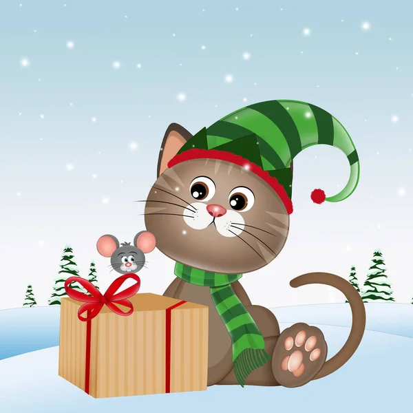 Illustrazione Del Gatto Elfo Nella Neve — Foto Stock