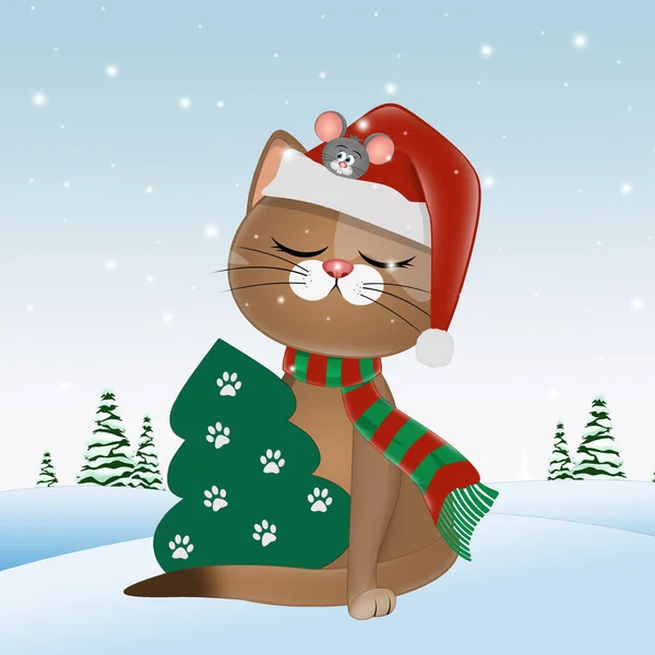 Illustrazione Del Gatto Natale Sulla Neve — Foto Stock