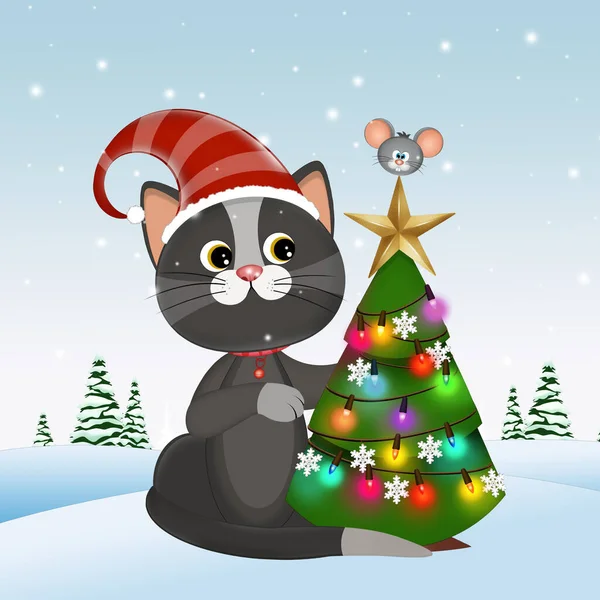 Ilustración Gato Navidad Nieve — Foto de Stock