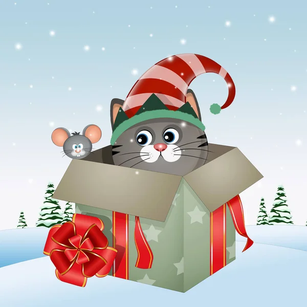 Illustration Cat Christmas Gift — Stock Photo, Image