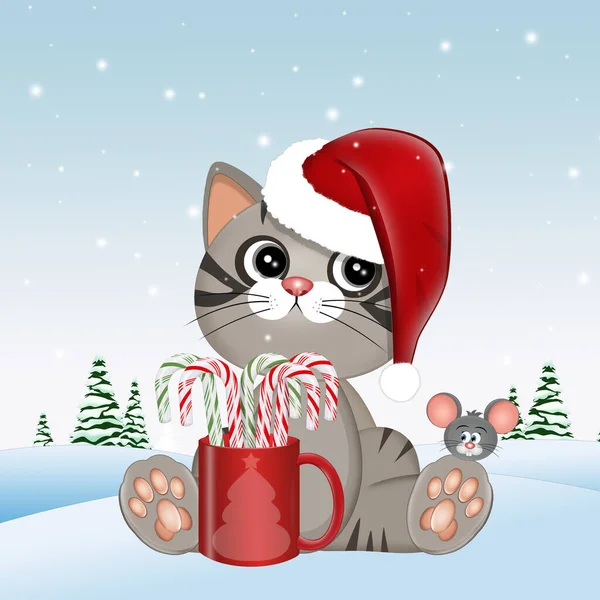 Ilustração Gato Natal Com Cana Açúcar — Fotografia de Stock