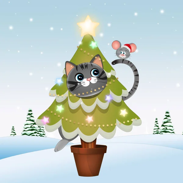 Ilustración Gato Divertido Árbol Navidad — Foto de Stock