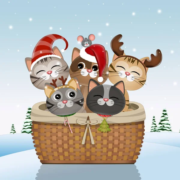 Ilustración Gatos Divertidos Cesta Navidad — Foto de Stock