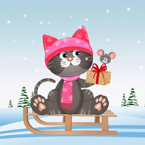 Ilustración Gato Trineo Nieve — Foto de Stock
