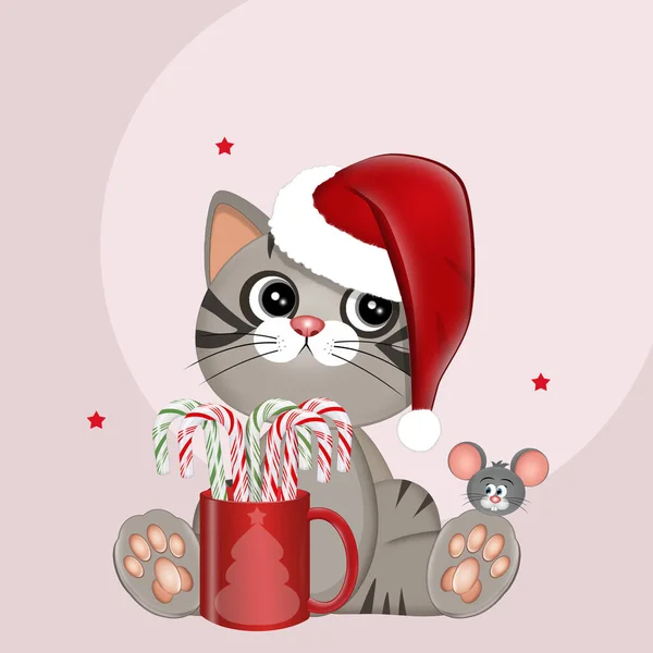 Illustration Christmas Card Kitten Candy Cane — Stock Photo, Image