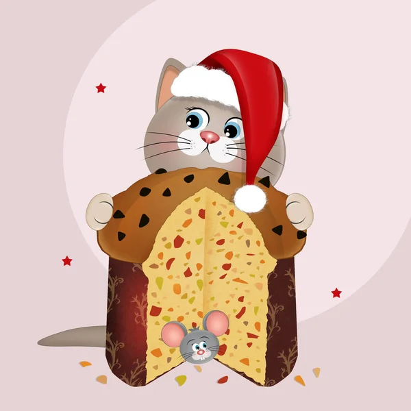 Ilustracja Kartki Świątecznej Kotkiem Panettone — Zdjęcie stockowe