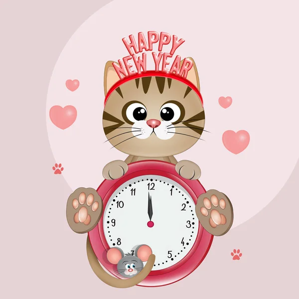 Illustration Christmas Card Kitten New Year Clock — Stock Photo, Image