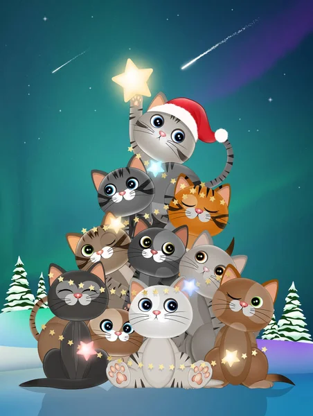 Funny Illustration Kittens Christmas — Stock Photo, Image