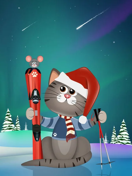 Иллюстрация Рождественского Котенка Лыжами — стоковое фото