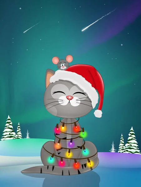 圣诞树仙女灯下的圣诞猫咪图解 — 图库照片
