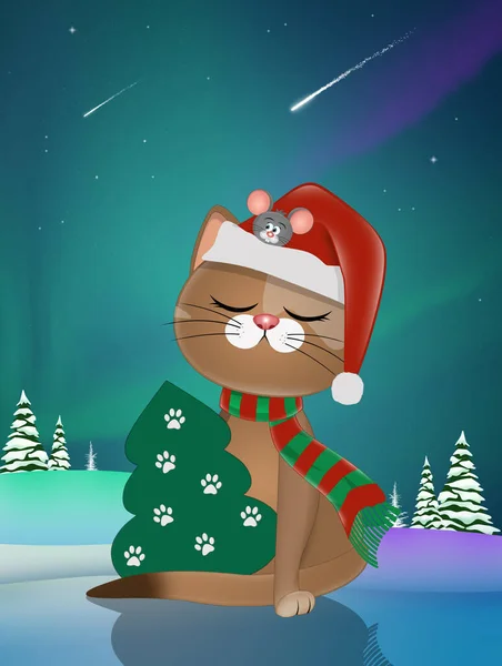 Illustration Christmas Kitten Tree — Stock Photo, Image