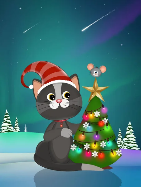 木のクリスマス子猫のイラスト — ストック写真