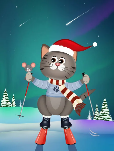 Ilustración Gatito Navidad Con Esquí — Foto de Stock