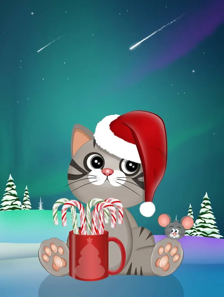 お菓子の杖を持つクリスマス子猫のイラスト — ストック写真