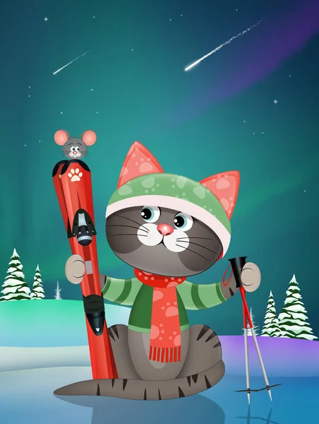 スキー子猫の面白いイラスト — ストック写真