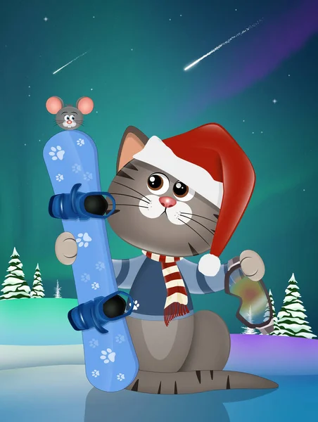 スノーボードとクリスマス子猫のイラスト — ストック写真