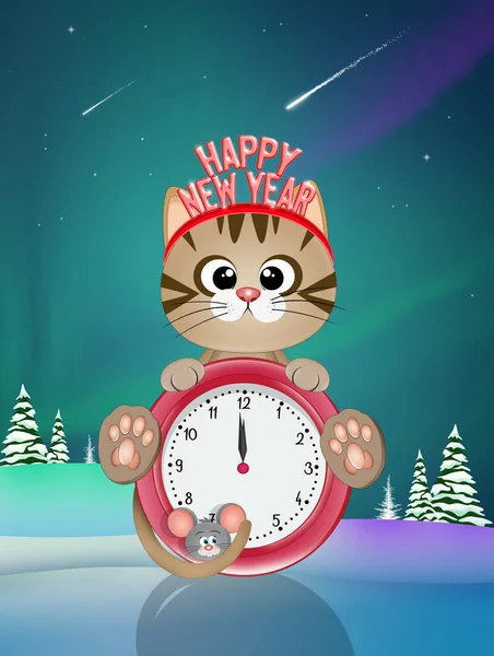 Ilustración Gatito Navidad Con Reloj Año Nuevo — Foto de Stock