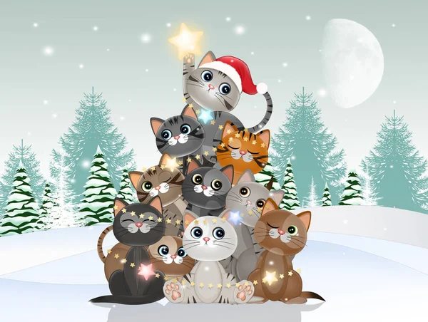 Kedilerin Komik Çizimi Noel Kutluyor — Stok fotoğraf