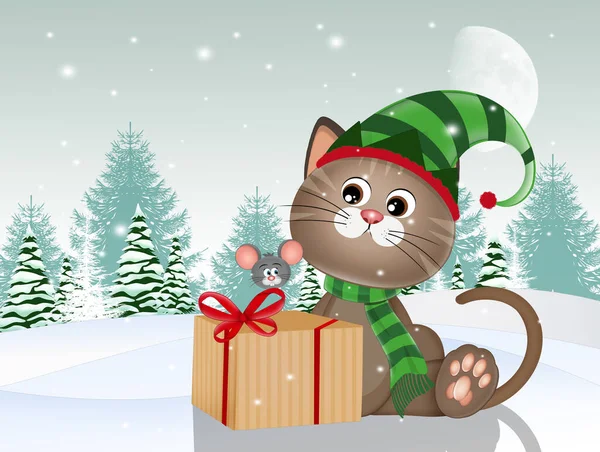 Ilustração Elfo Gato Com Presente Natal — Fotografia de Stock