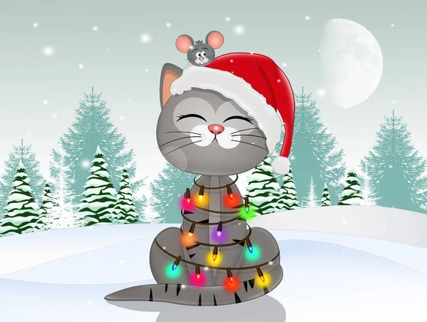 Ilustración Gato Lindo Con Decoraciones Navidad — Foto de Stock