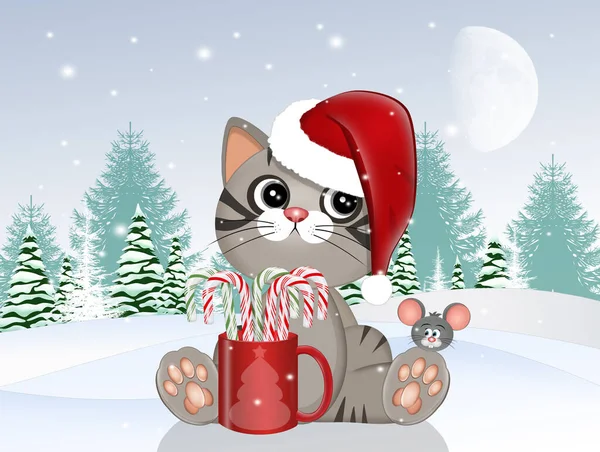 お菓子の杖でクリスマスの猫のイラスト — ストック写真