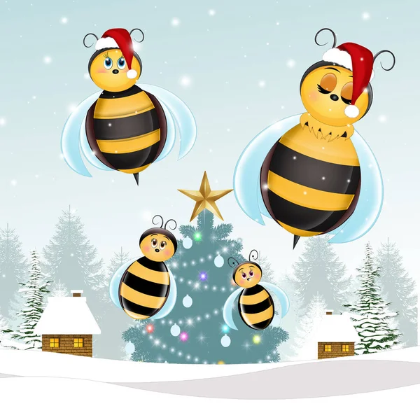 Funny Bees Celebrate Christmas — Stock Photo, Image