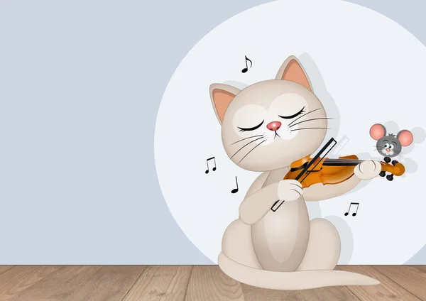 Ilustración Del Gato Músico Tocando Violín —  Fotos de Stock