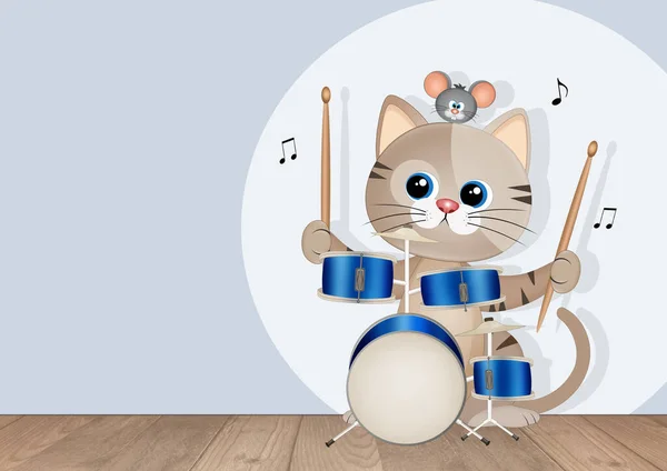 Davul Çalan Müzisyen Kedinin Çizimi — Stok fotoğraf