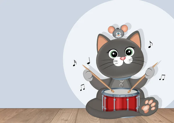 Иллюстрация Музыканта Кота Играющего Барабане — стоковое фото