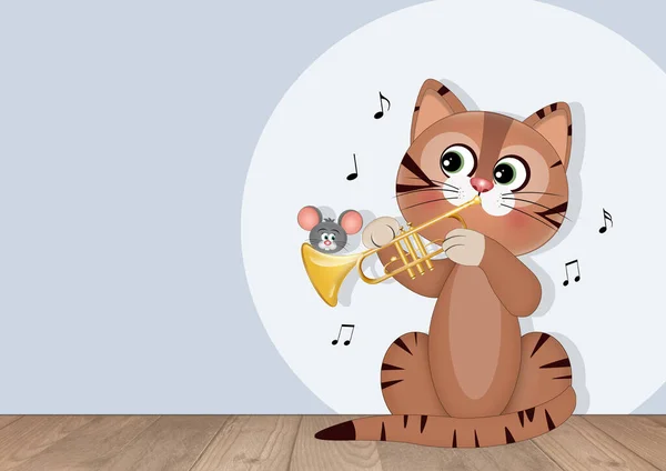 Trompet Çalan Müzisyen Kedi Çizimi — Stok fotoğraf