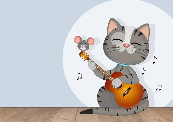Ilustracja Muzyk Kot Gra Gitarze — Zdjęcie stockowe
