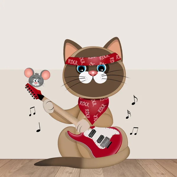 Illustration Rock Katt Spela Elgitarr — Stockfoto