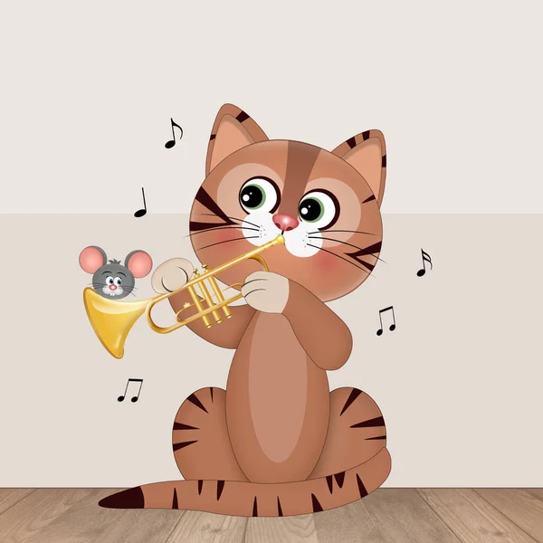 Ilustración Gato Tocando Trompeta —  Fotos de Stock