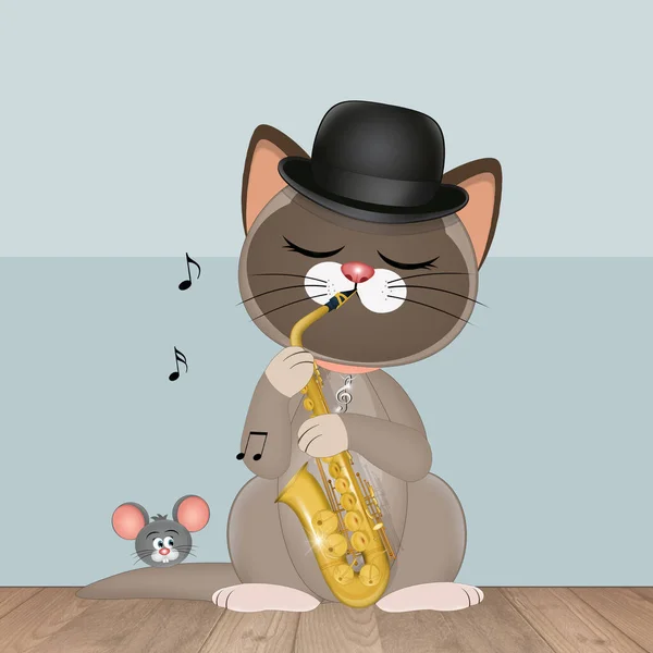 Ilustración Gato Tocando Saxofón —  Fotos de Stock