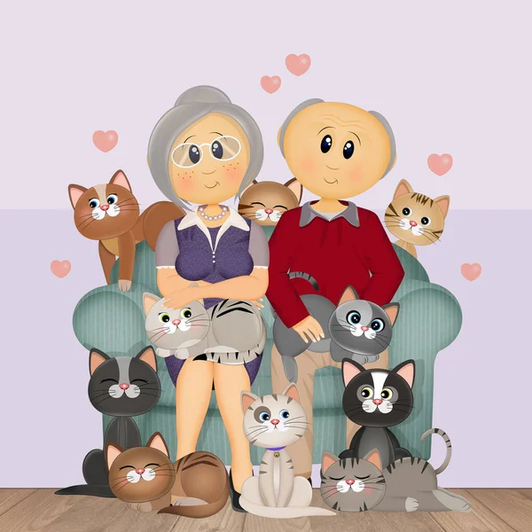 猫に囲まれた祖父母のイラスト — ストック写真