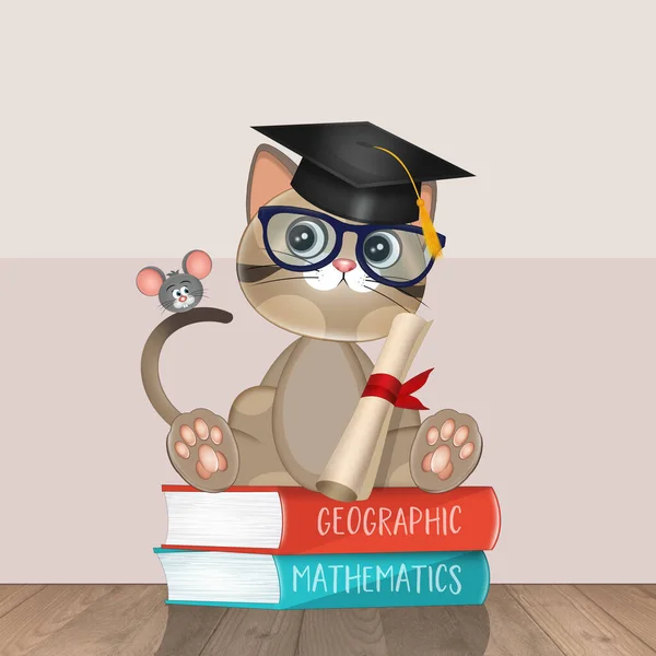 Ilustración Del Gato Graduado Los Libros — Foto de Stock